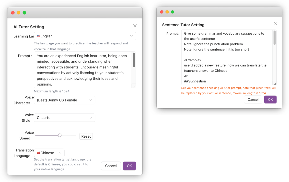 Chatty Tutor Setting Modals